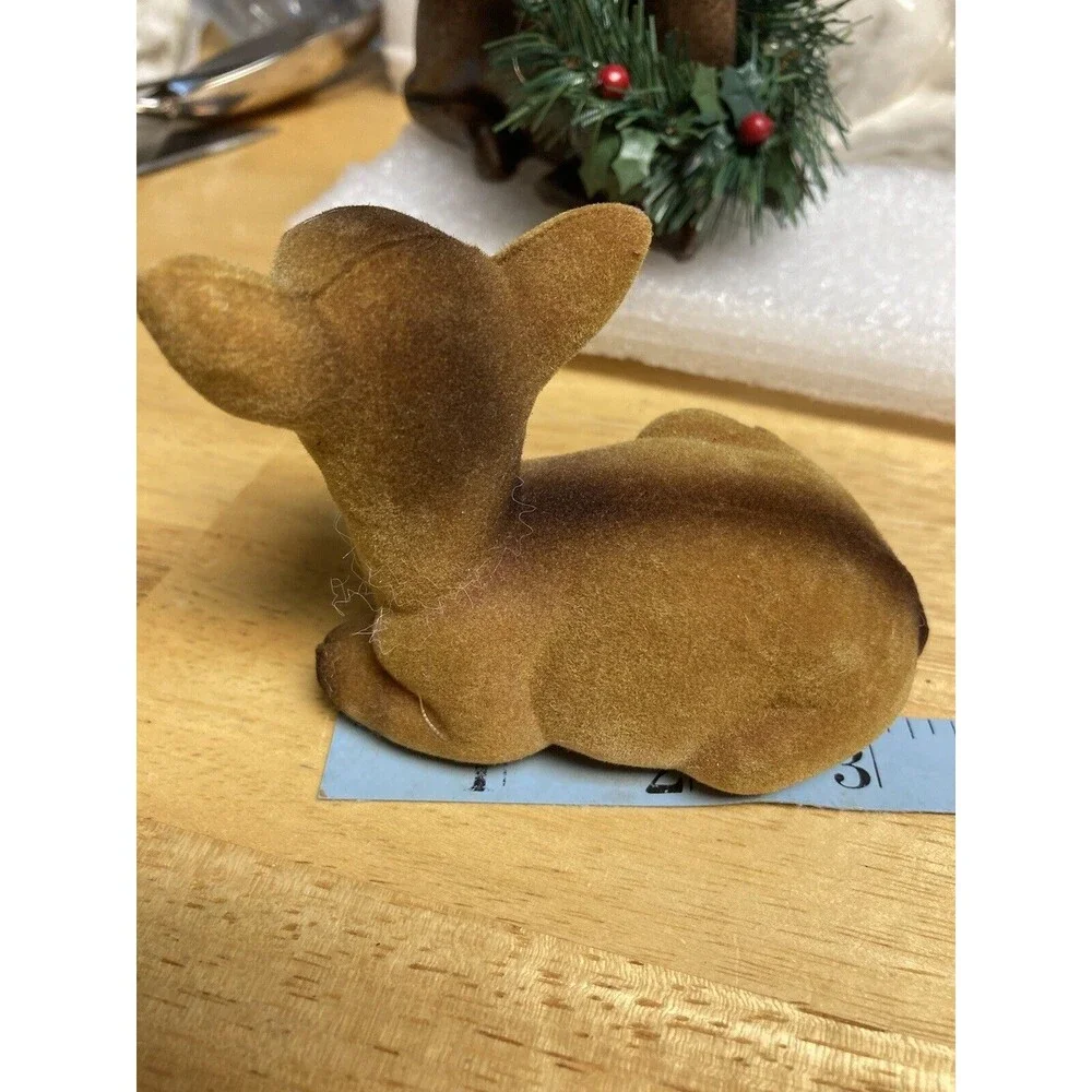 Vtg Lot 3 Deer Figurines Holiday Christmas Ceramic Wood Flocked Sitting Decor